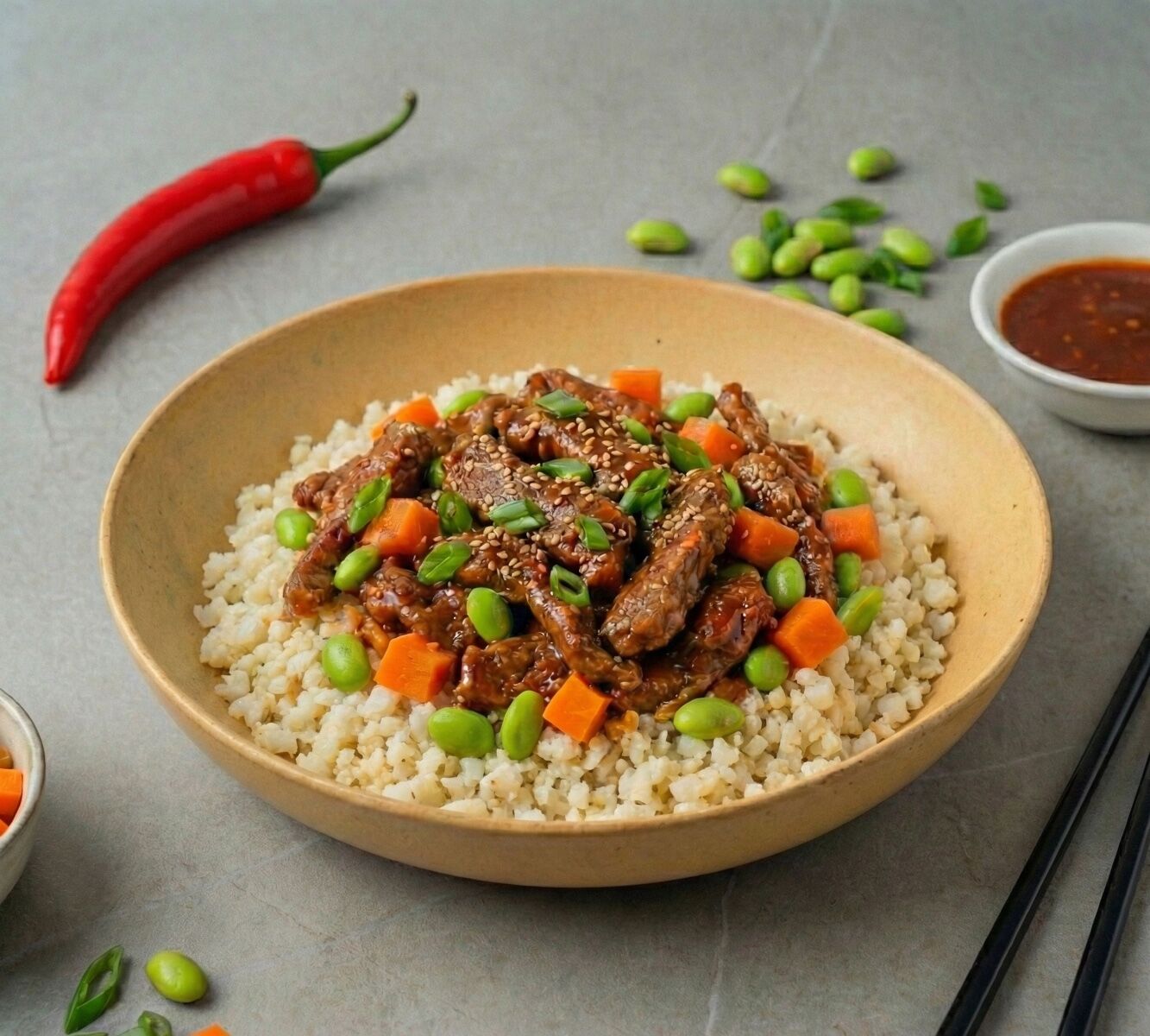 Hot Korean Beef Cauliflower Ricebowl [LOWCARB]